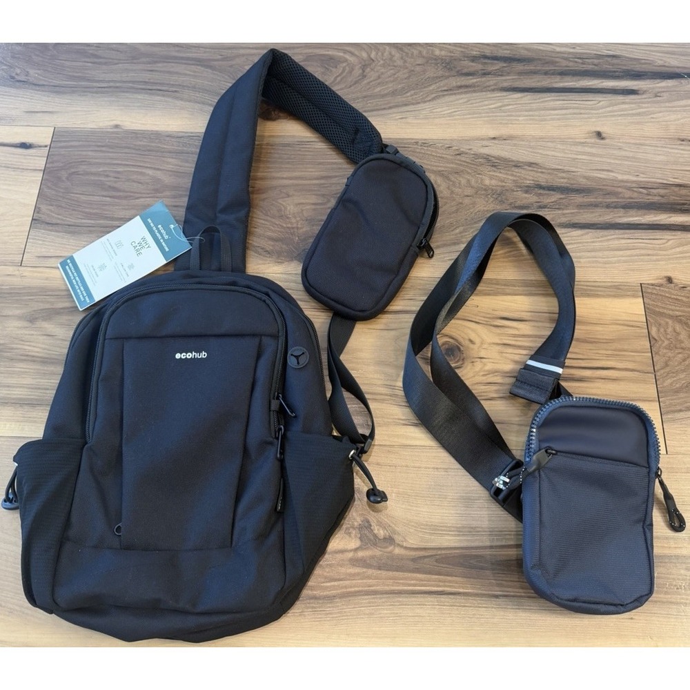 Ecohub Travel Sling Backpack Black NWT Recycled‎ PET Includes Bonus Pouch